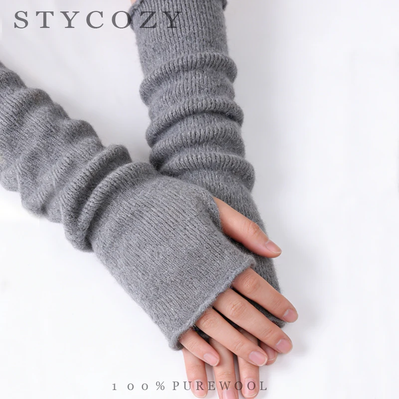 Ladies' 100% Pure Wool Pile Sleeve Knitted Gloves, Long Arm Sleeves, Warm And Thick Half Finger Gloves With Exposed Fingers