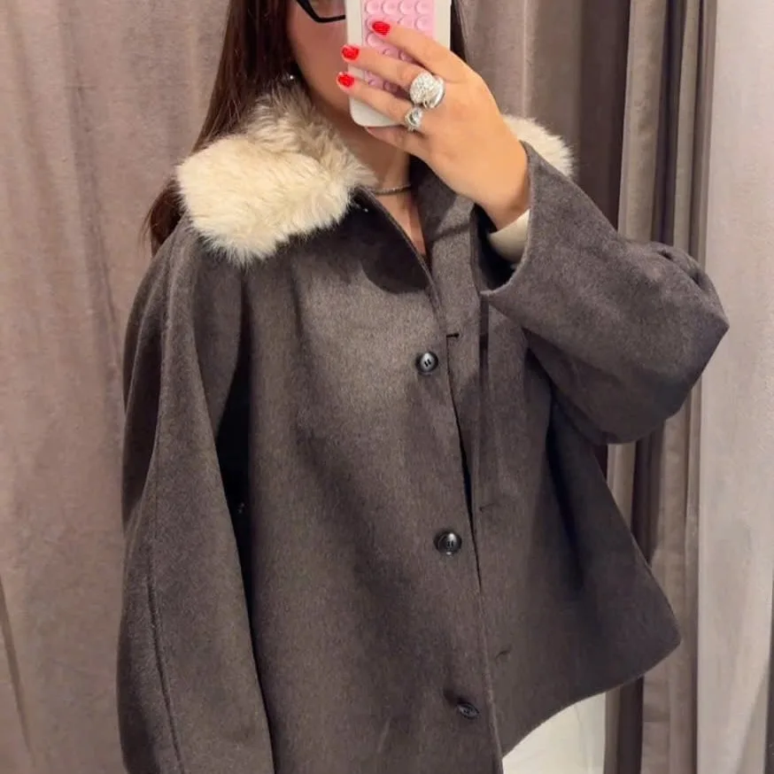 

Осень-зима 2025: шерстяная куртка с меховыми лацканами для женщин, коричневые элегантные однобортные пальто с длинными рукавами, женская шикарная уличная верхняя одежда