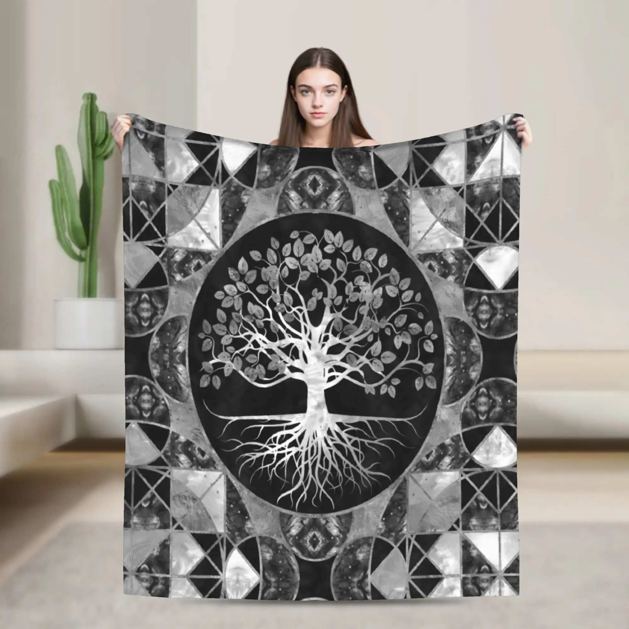 Tree Of Life Gray Scale Gemstone Blankets Geometry Flannel Awesome Breathable Throw Blanket for Chair Covering Sofa  Winter