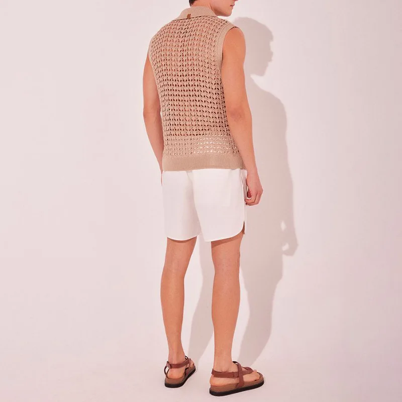 Spring And Summer New Light And Hollow Sexy Shirt Men's Lapel Short-sleeved Knitted Sweater Sleeveless Top Men's