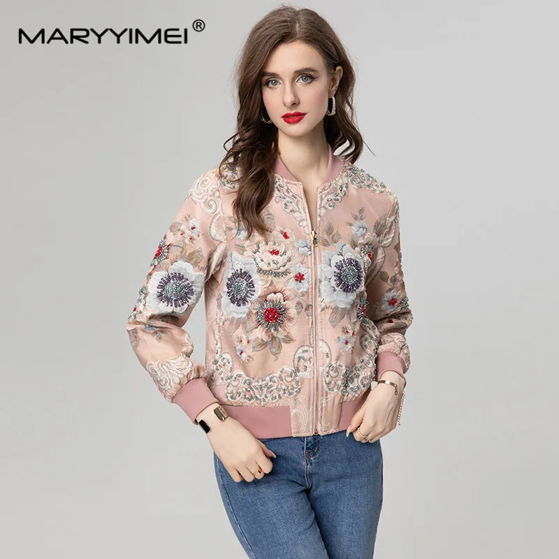 MARYYIMEI New Fashion Runway Designer Women\'s Stand-Neck Lanter Sleeve printed Beaded Elegant Leisure Single Coats