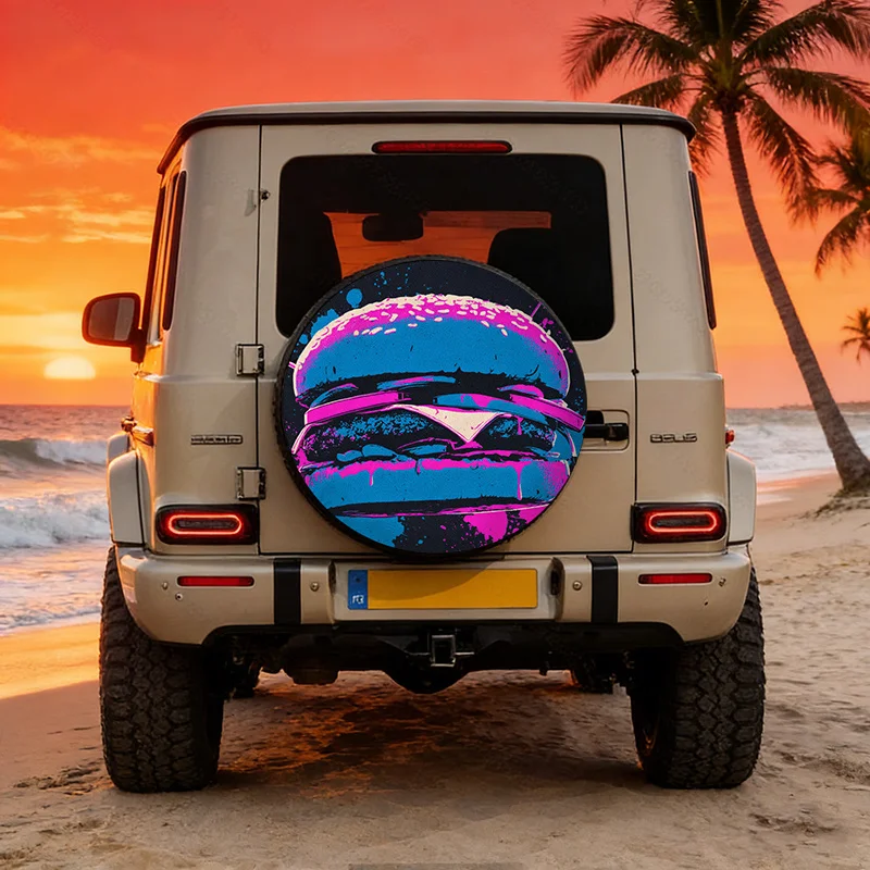 Pop-Art Style Hamburger Pattern Polyester Car Tire Cover Suitable For Universal Models Spare Tire Protection Sleeve