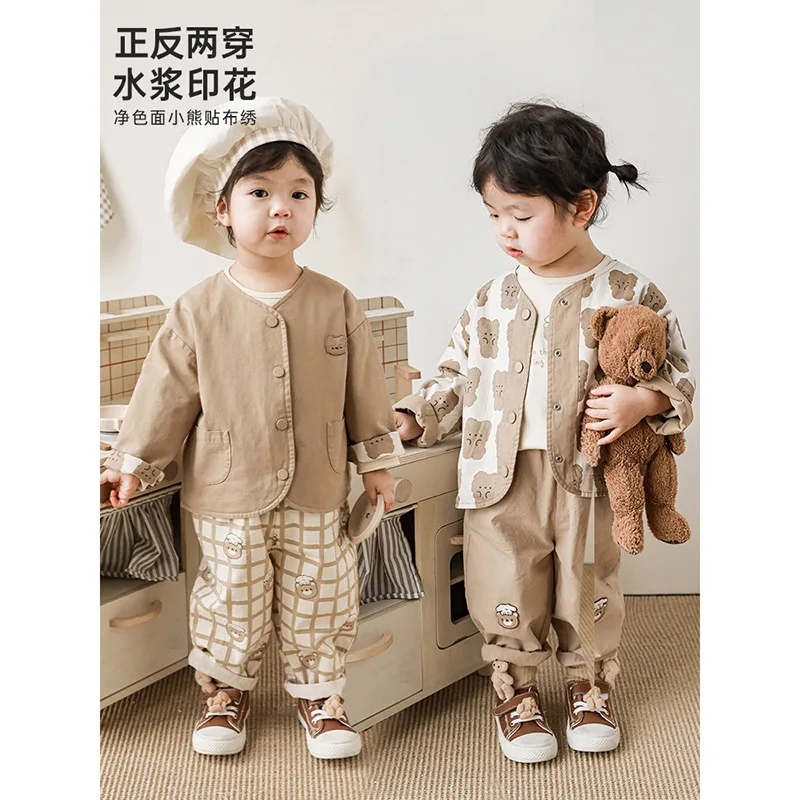 

Children's Cartoon Bear Print Coat 2023 New Spring Girls Wear Casual Top on Both Sides