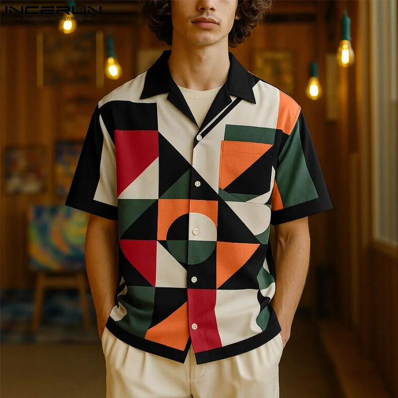 

Men Shirt Geometry Printing Lapel Short Sleeve Casual Male Tops Shirts Streetwear Summer 2025 Loose Fashion Men Clothing INCERUN