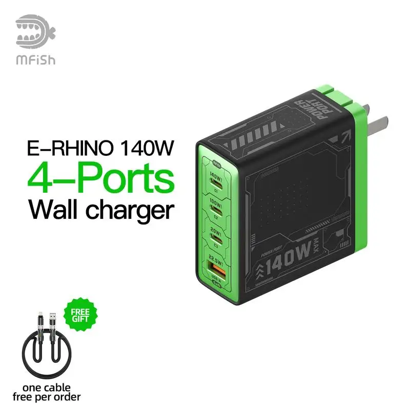 

Настенное зарядное устройство MFish E-RHINO 140 Вт GaN, четырехпортовое зарядное устройство со вспышкой, оригинальная складная дорожная универсальная вилка, быстрая зарядка