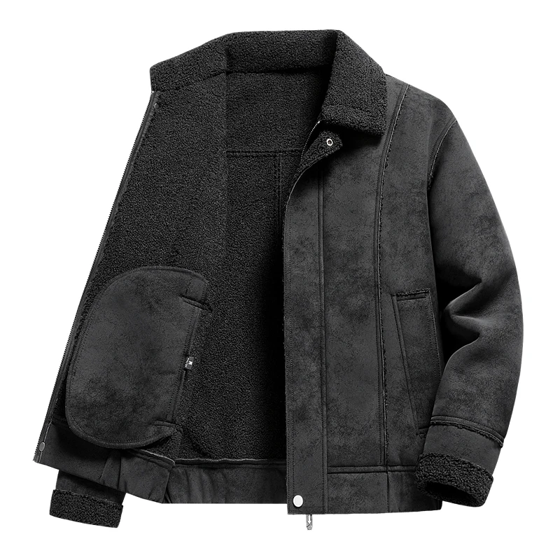 Warm Fleece Jacket Men Classic Vintage Brown Faux Suede Sherpa Jacket Coats Turn Down Collar Full Zip Thick Warm Outerwear 2515