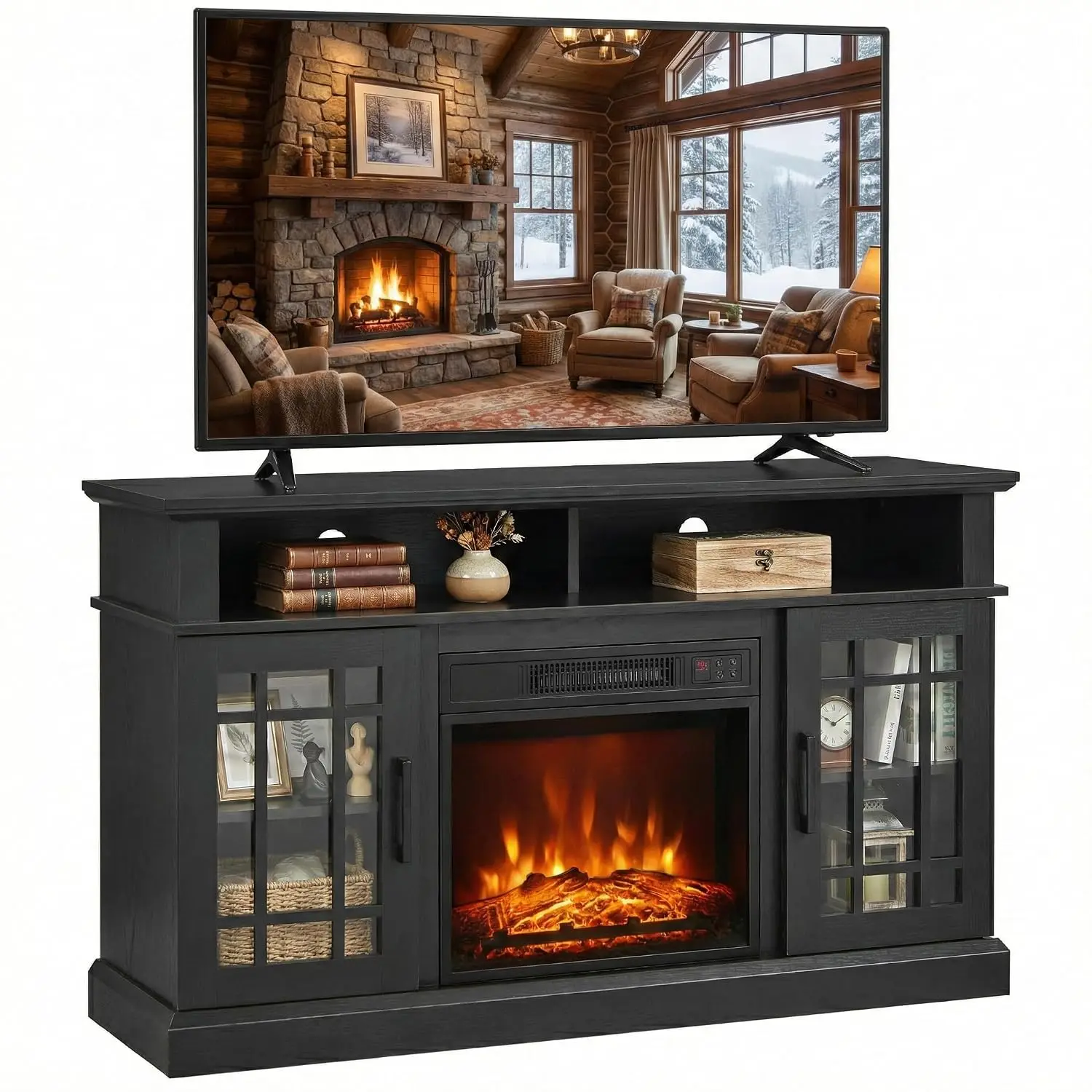 Modern 48 Inch Electric Fireplace TV Stand Black, Customized