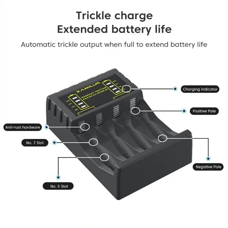 

Battery Charger 4 Slot Intelligent Fast Charge With Indicator For 1.2V NiMH NiCd AAA/AA Rechargeable Batteries USB C Micro Jack