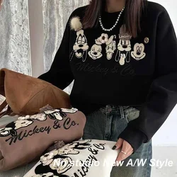 Disney Mickey Minnie Hoodie Cartoon Donald Duck Embroidery Flocking Pullovers Losse Thicken Sweatshirts Women Streetwear Tops