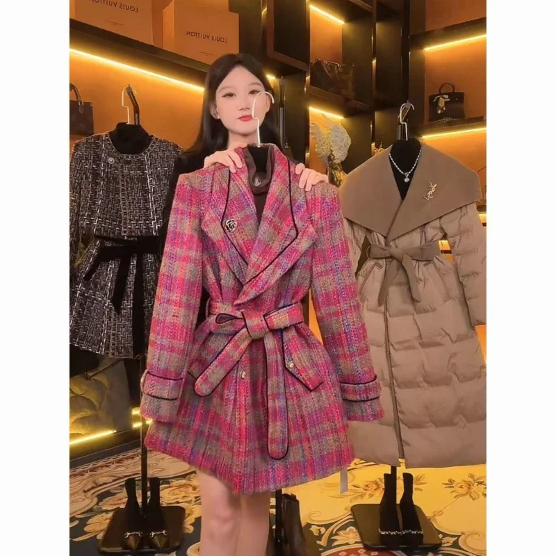 Checkered Flags Suit Windbreaker Coat Women's Mid-long Winter New Fashion Thin Temperament All-in-one Thick Padded Woolen Coat