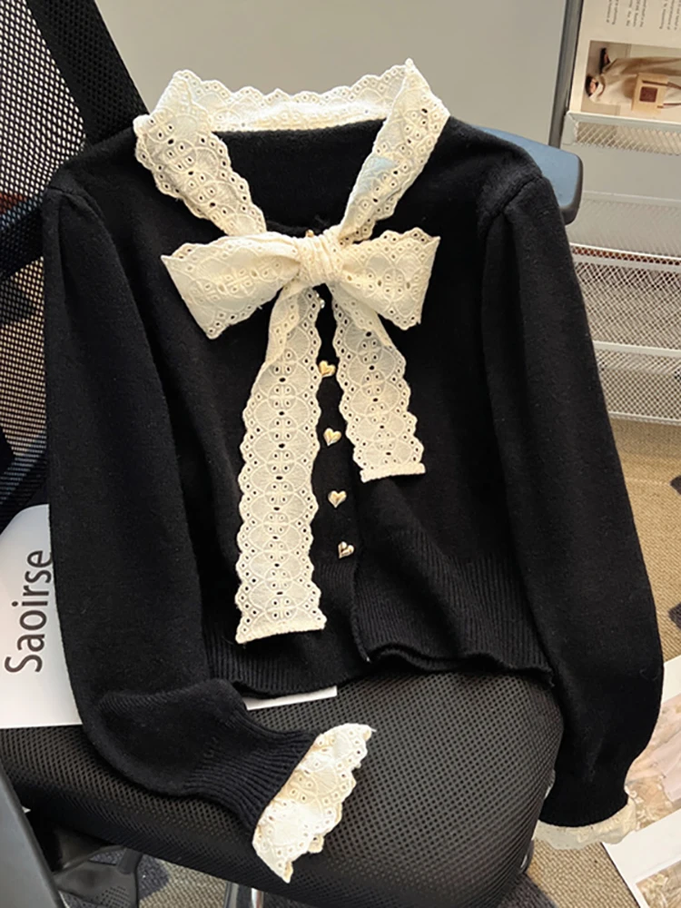 Elegant Lace-Up Cardigan Sweater Autumn Winter New French Sweet Lace Bow Collar Love Button Splicing Inner Knit Shirt Coat Women