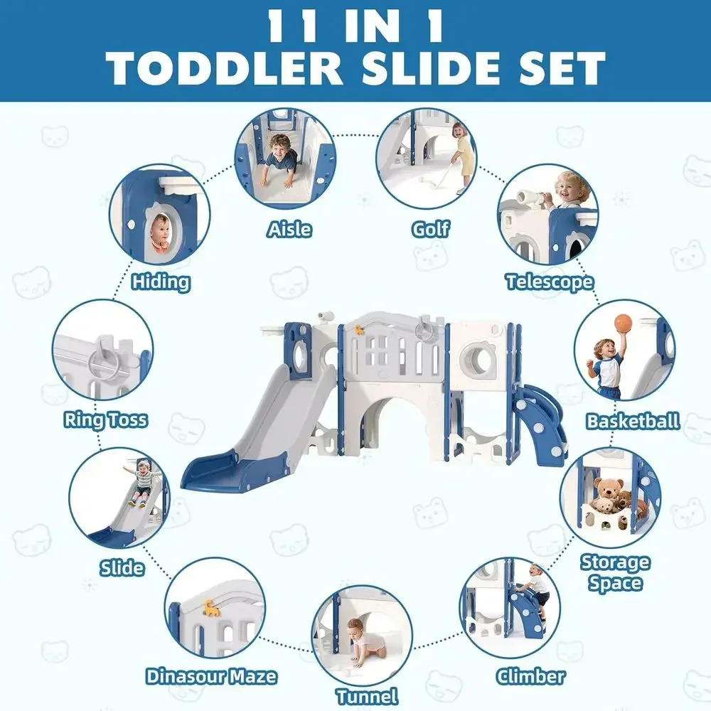 All-in-One Toddler Playset with Slide, Climber, and Basketball for Ages 1-3, Indoor/Outdoor Compact Gym (Blue Gray)