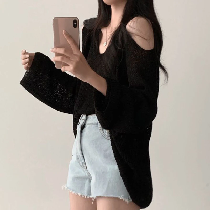 Fashion Loose Knitted Top Woman V-neck Off Shoulder Sweater Autumn Thin Knitwear Korean Style Casual Knit Pullover