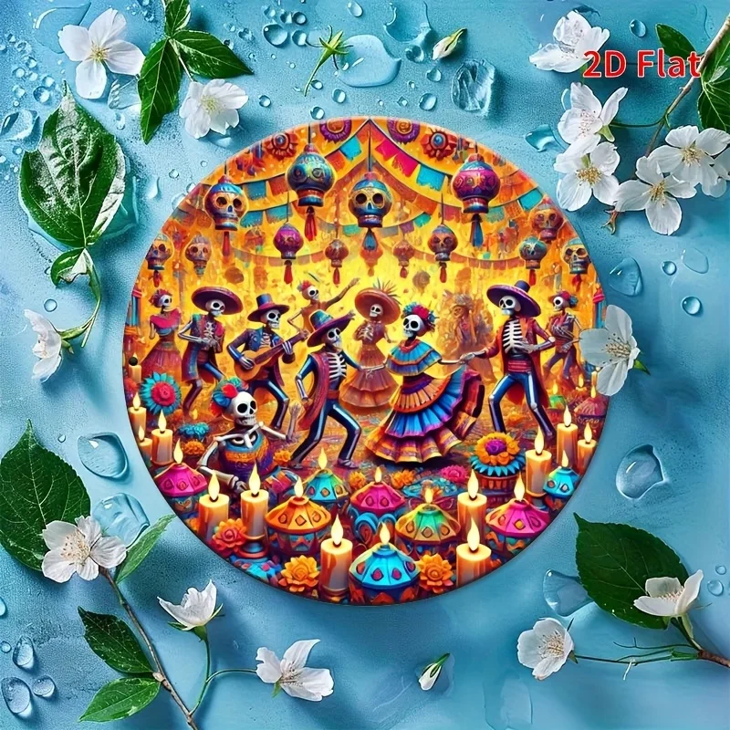 2D Flat - 1pc 8 X 8 Inches (20 X 20 Cm) Aluminum Metal Sign with a Mexican Carnival Theme - Day of The Dead - Sugar Skull Foil C