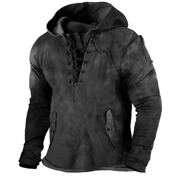 Men's Vintage Hoodie Long Sleeve Drawstring Tactical Lace-Up Spring Autumn Casual Harajuku Street Style Fashion Men's Hoodie