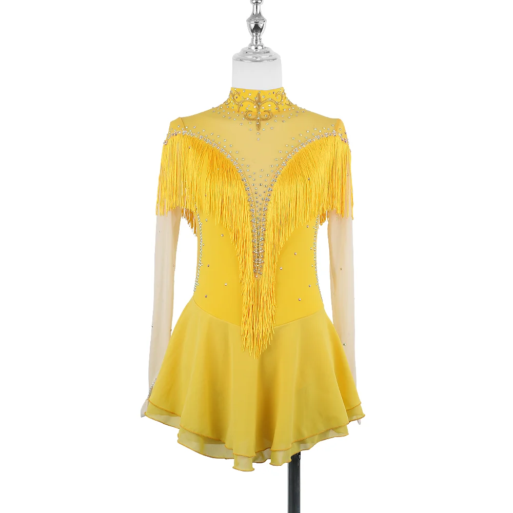 ZAGITOVA Eiskunstlaufkleid für Damen und Mädchen, langärmelig, Eislaufrock, glänzender Strass-Mesh-Rock, wunderschöne Quasten