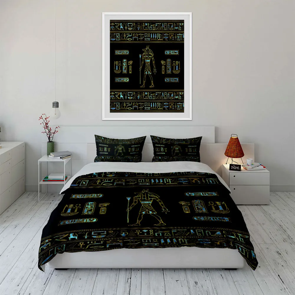 Ancient Egyptian hieroglyphs and deity Pattern Duvet Cover Set Digital Print Colorful Polyester Bedding with Zipper Closur