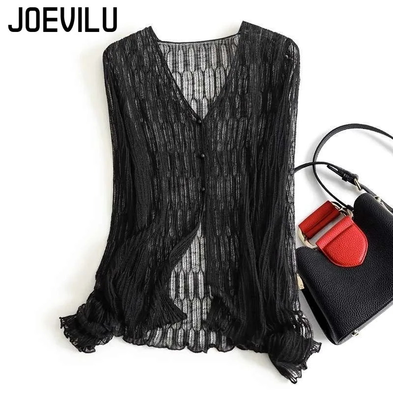 

French Knit Cardigan Long Sleeve Button V-Neck Blouse Women New Fashion Wooden Ear Hollow Hoodie Light Luxury Short Jacket