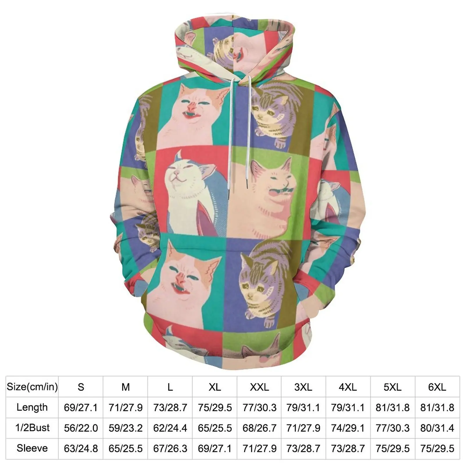 Four Meme Cats Casual Hoodies Men Funny Animal Print Y2k Graphic Hooded Sweatshirts Spring Long-Sleeve Classic Oversized Hoodie