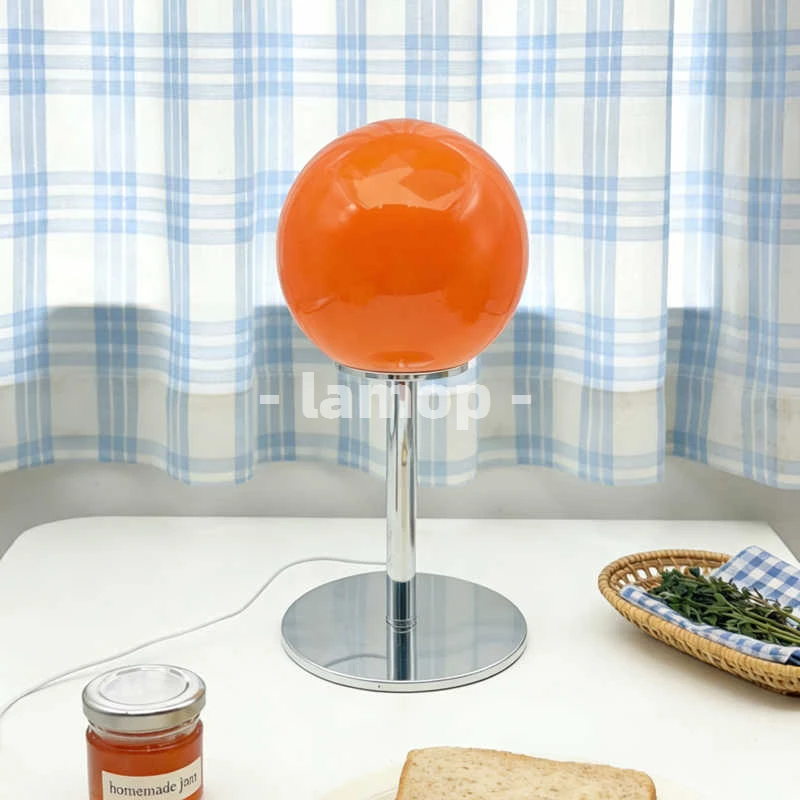 Murano Glass Solid Orange Sphere Table Lamp Korean Cream Pole Stand 3 Tone Soft Light Wood Desk Living Cabinet Decor Lamp