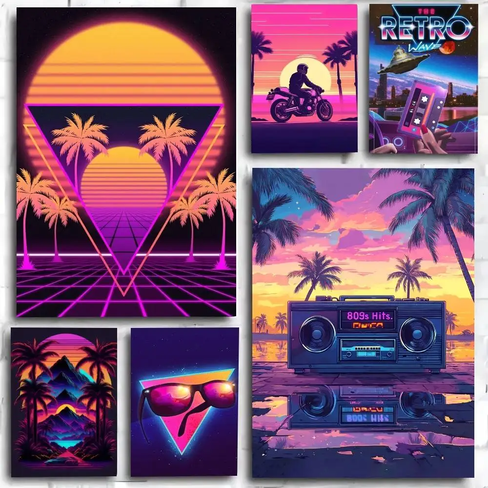 1PC Retro Neon Lights Cars Music Futurism 1980s poster Self-adhesive Art Waterproof Paper Sticker Coffee House  Room Wall Decor