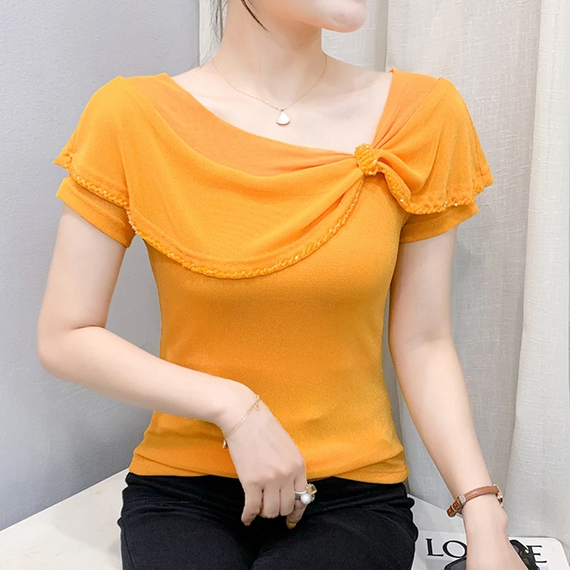 Camicetta stile estivo con perline fatte a mano per l'industria pesante Camicia versatile a maniche corte in rete sottile alla moda