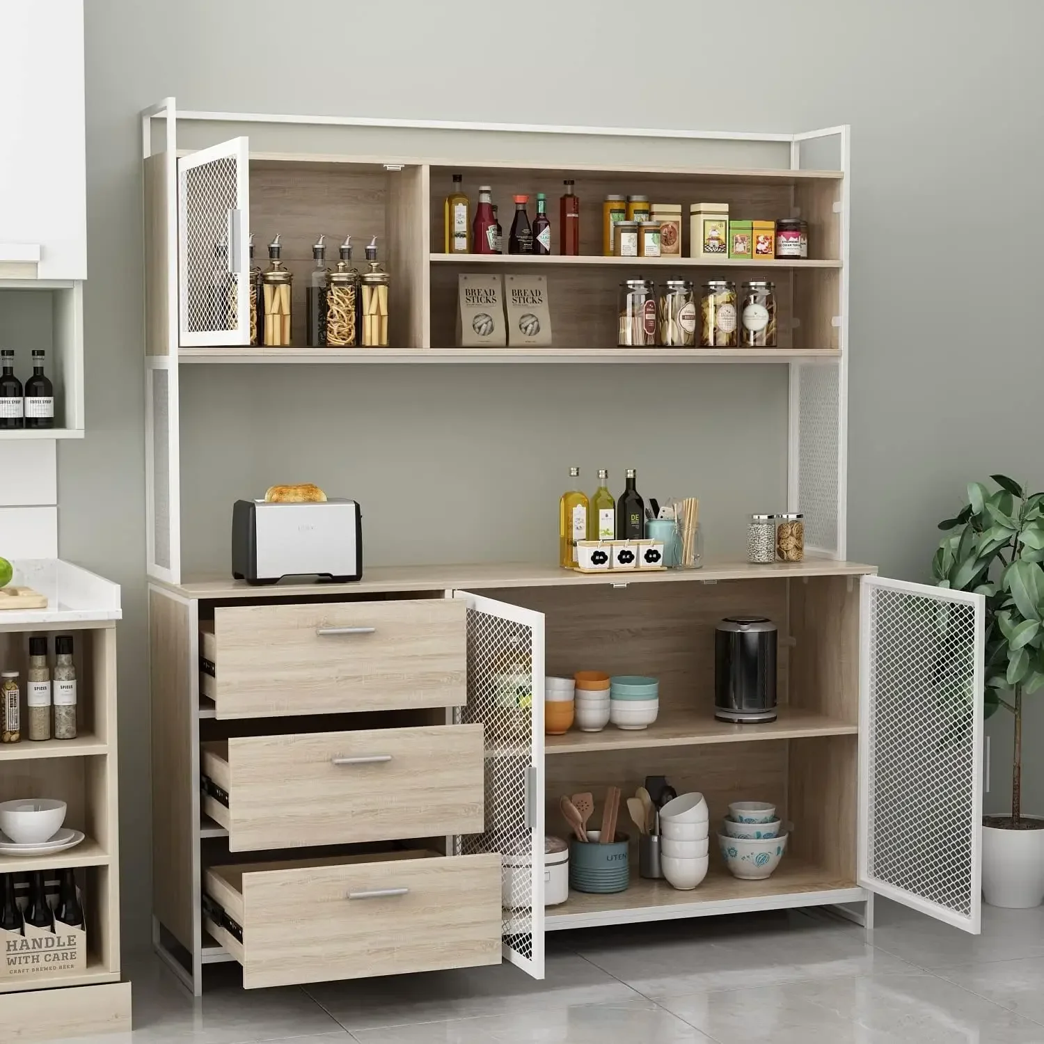 Modern Wood Sideboard Buffet Storage Cabinet with Hutch, 3 Metal Mesh Doors, 3 Drawers & 5 Compartments