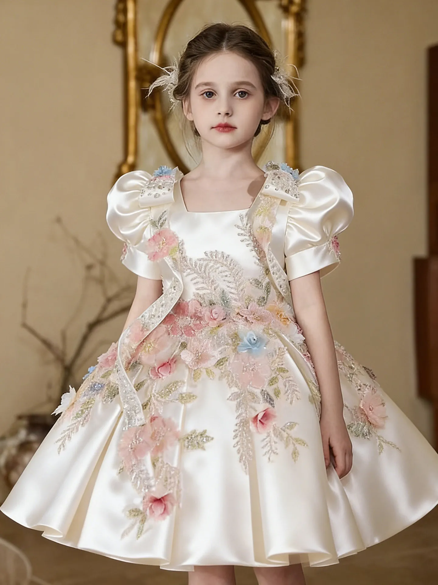 Custom Flower Girl Dress Wedding Gown Birthday Party Pageant Dress Puff Sleeve 3D Floral Embroidered Satin Princess Dress For