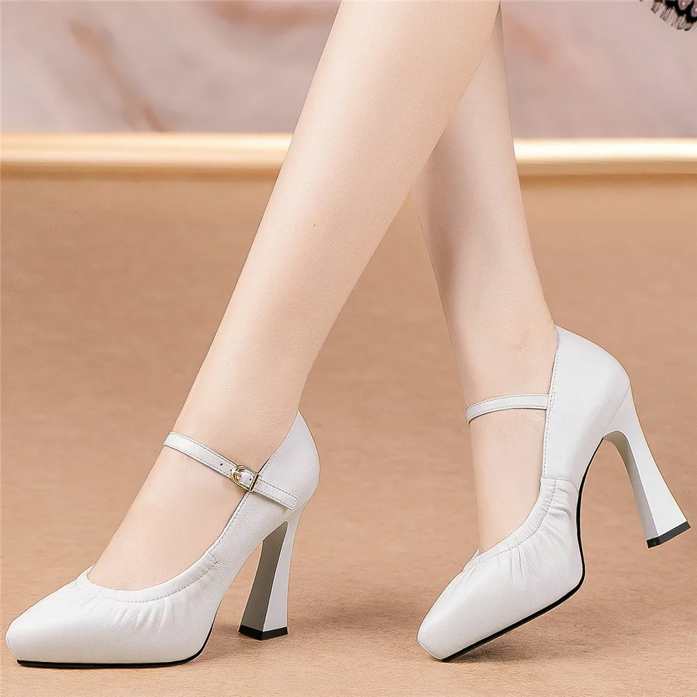 High Heels Women's Genuine Leather Pointed Toe Party Pumps Ankle Strap Mary Janes Office Casual Wedding Shoe Slim Fashion