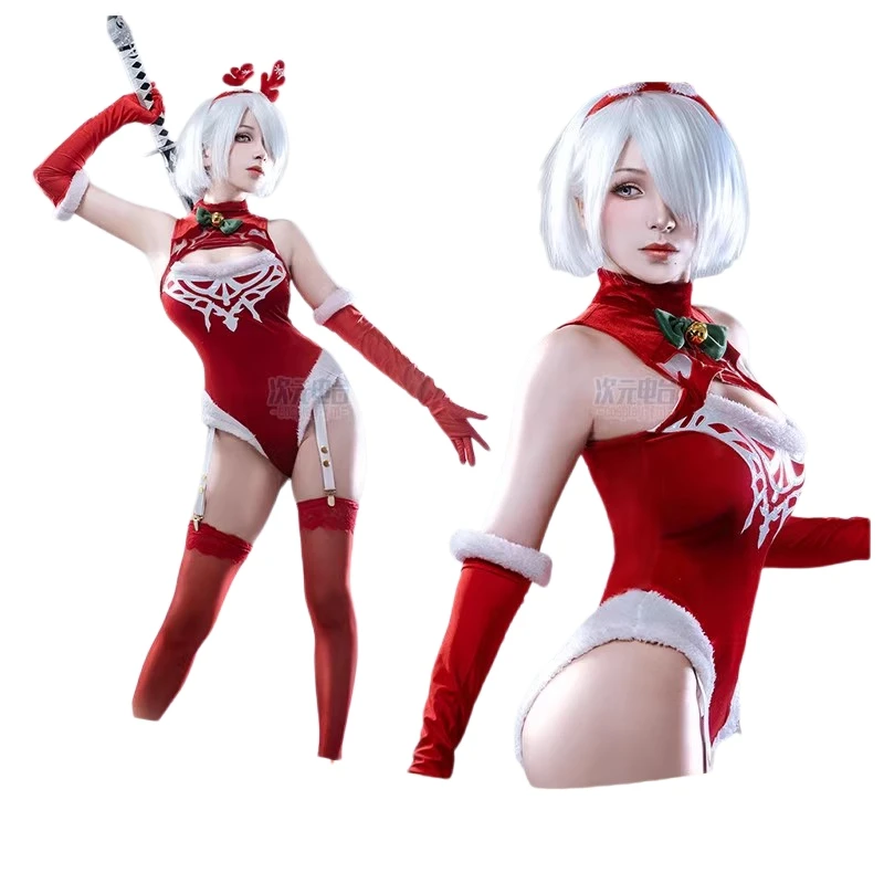 Christmas Women Sexy Jumpsuits Anime NieR Automata 2B Cosplay Costumes YoRHa No 2 Type B Red Pantyhose Gloves Hairband Xmas Gift