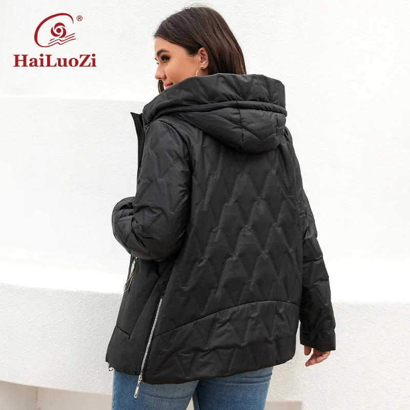 HaiLuoZi 2022 Spring Jacket Solid Color Plus Size Fashion Women Autumn Coat Casual Short Zipper Outwear Hooded Lady Parkas 7036