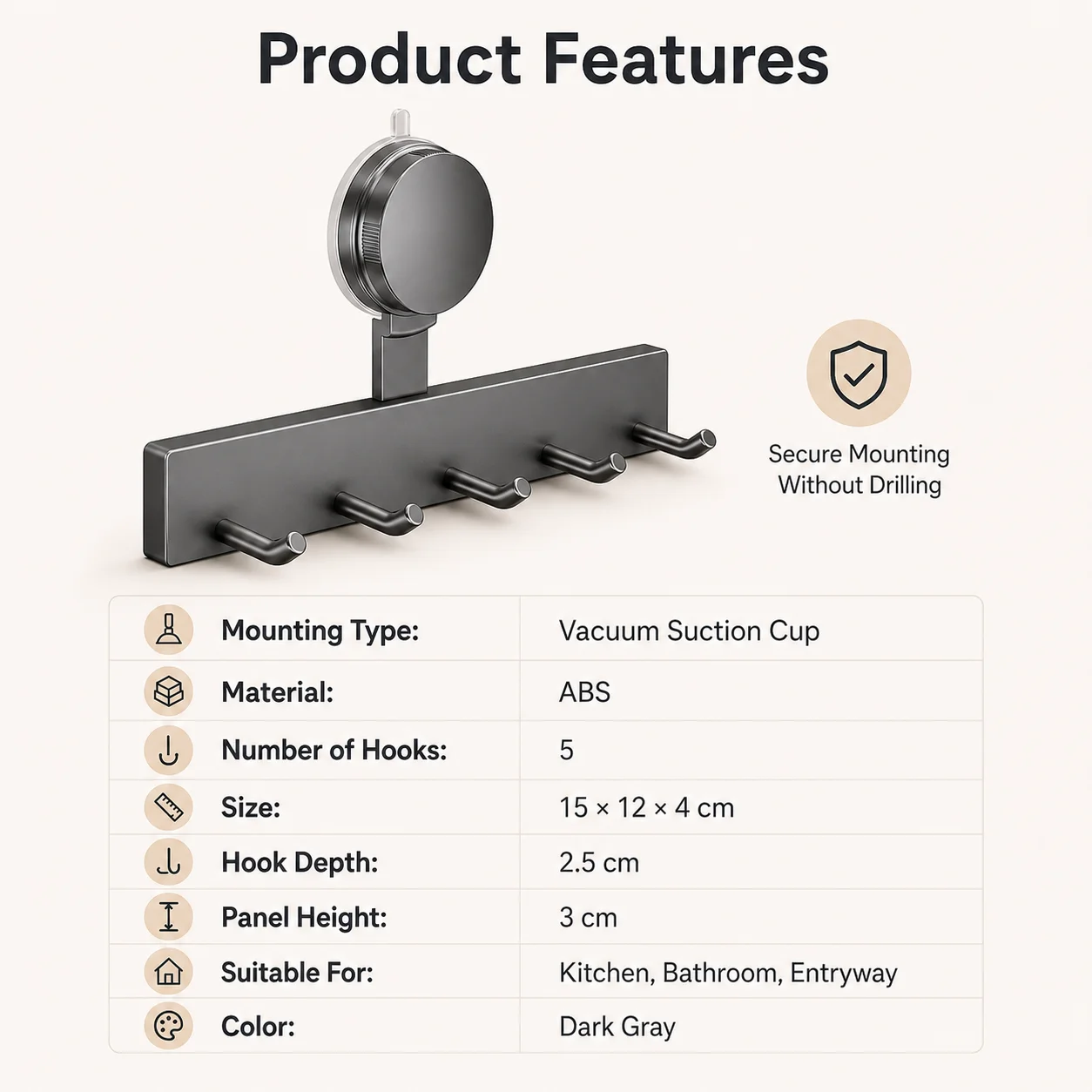 Suction Cup Wall Hook Rack No Drilling ABS Waterproof 3/5 Hooks for Kitchen Bathroom Towel Utensil Storage image 5