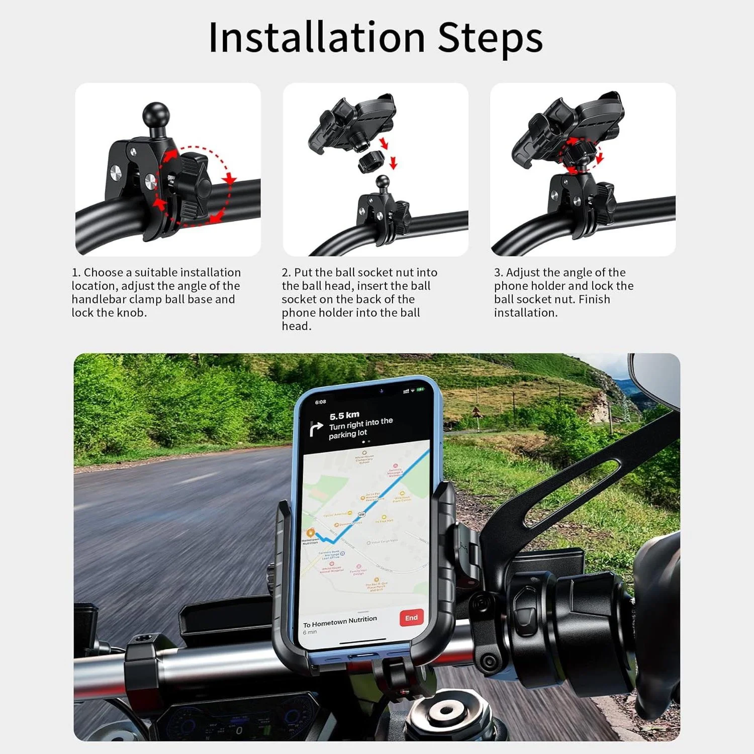 Wide Compatible Motorcycle Phone Mount, Easy Install Handlebar Clip, 360 Rotatable Camera Friendly Secure Bike Phone Holder