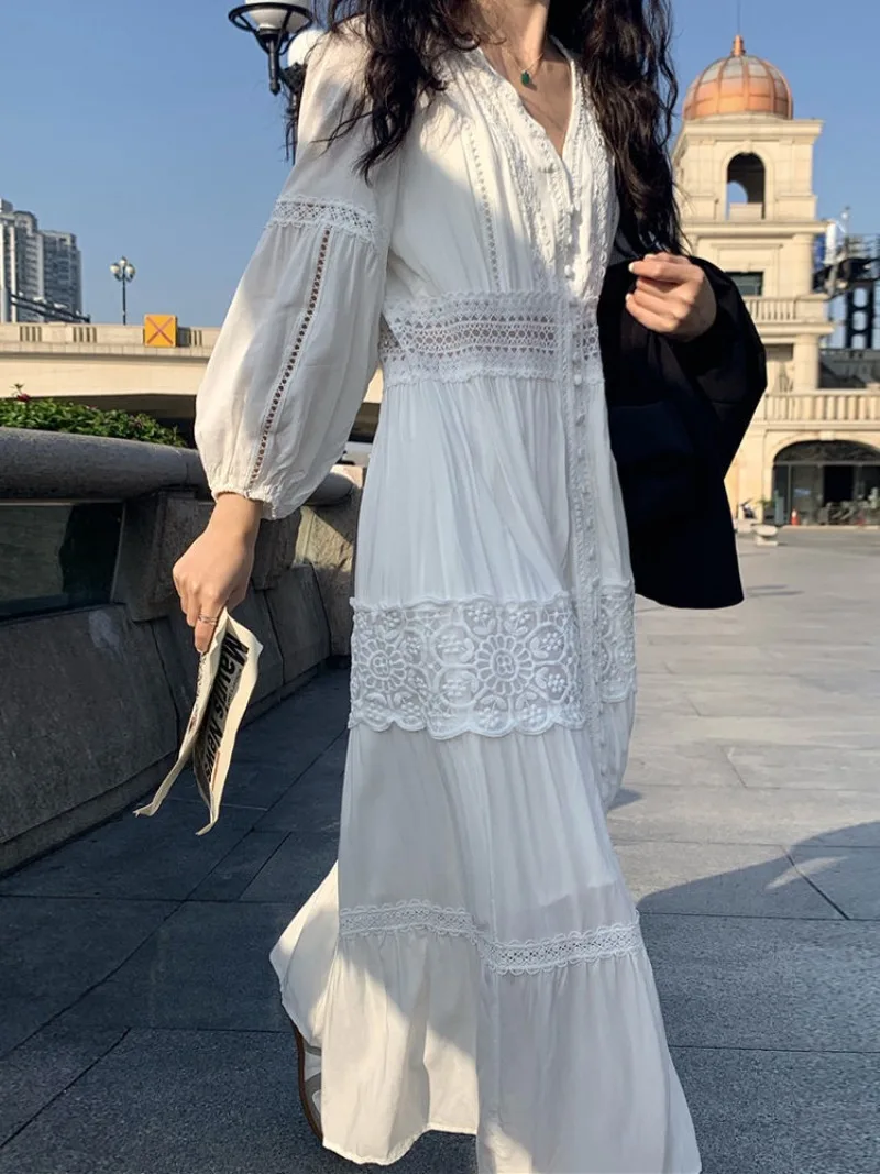 Shpmishal Fashionable White Gentle Style Dress for Women's Summer New Patchwork Hollowed Out Slimming Dresses Female Clothing