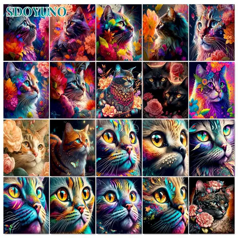 SDOYUNO Cat Frame Painting By Numbers For Adults Colorful Animals Paint With Numbers On Canvas For Wall Art Picture 60x75cm