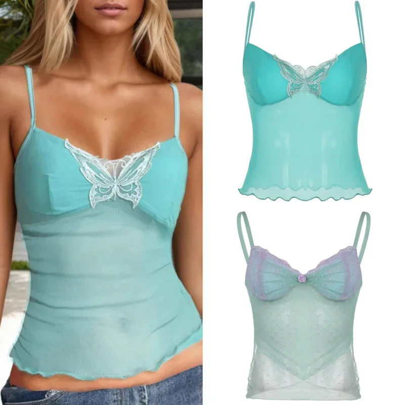 

Embroidery Y2K Aesthetic Tops&Tee Mint Butterfly Mesh Splicing Tank Top Sexy Backless Flower Camisole Harajuku V-neck Top New