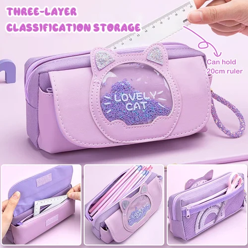 Imagen 2 del producto Estuche para lápices Kawaii Quicksand, caja de bolígrafos multifuncional de gran capacidad, bolsa de almacenamiento bonita, suministros escolares y de oficina, papelería