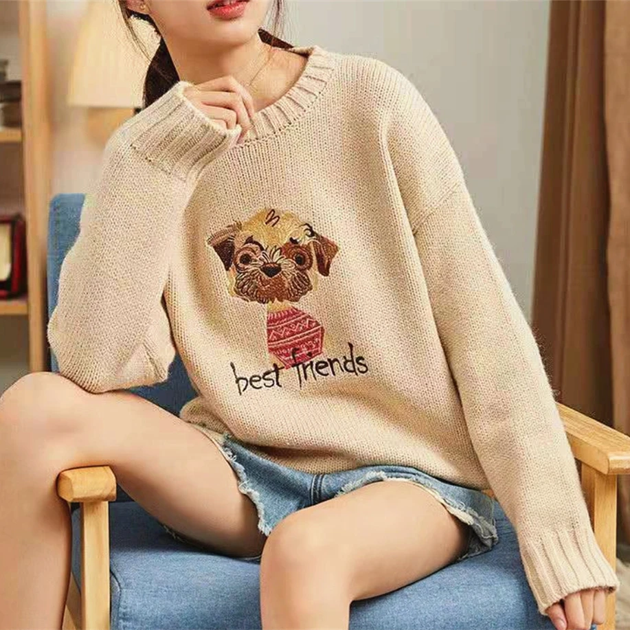 Keep Warm Loose Turtleneck Kawaii Sweater for Girls Cute Doll Puppy Embroidery Cartoon Jumper Pullover Winter Auutmn Vintgae Y2K