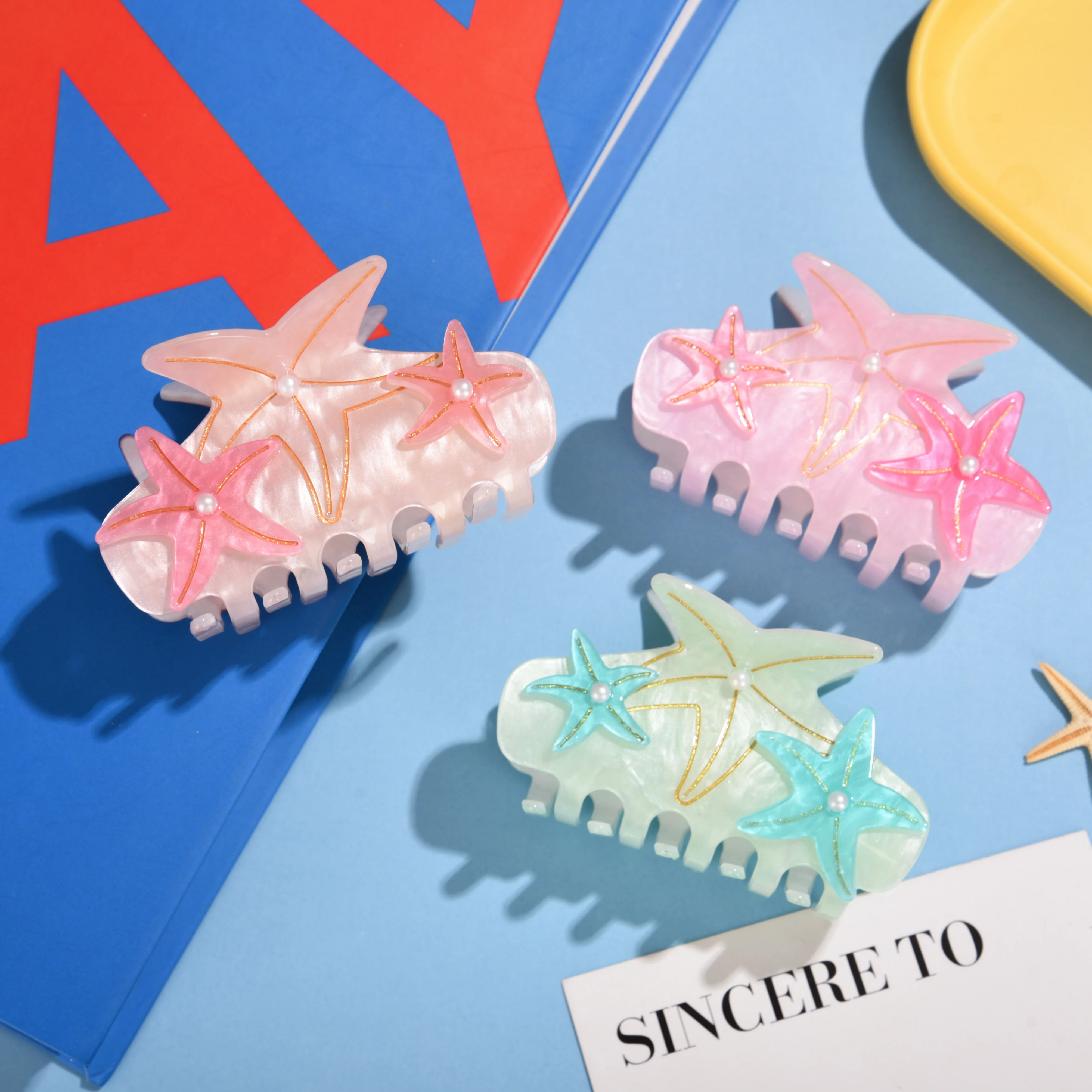 2025年新作 8.5CM パールヒトデ アクリルヘアクリップ オーシャンシリーズ クロークリップ ビーチ トレンド ヘアクリップ レディース ガールズ ヘアアクセサリー