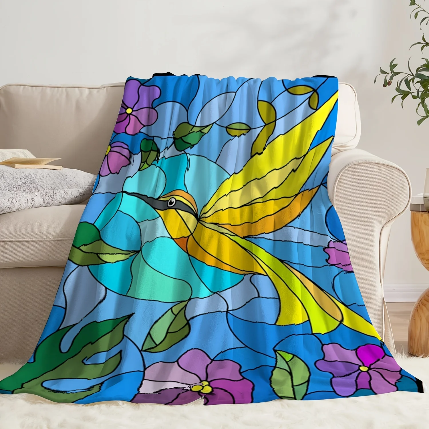 1pc Vibrant Hummingbird and Floral Print Flannel Blanket - Soft, Cozy, and Colorful Throw for Couch, Bed, Travel, and Camping -