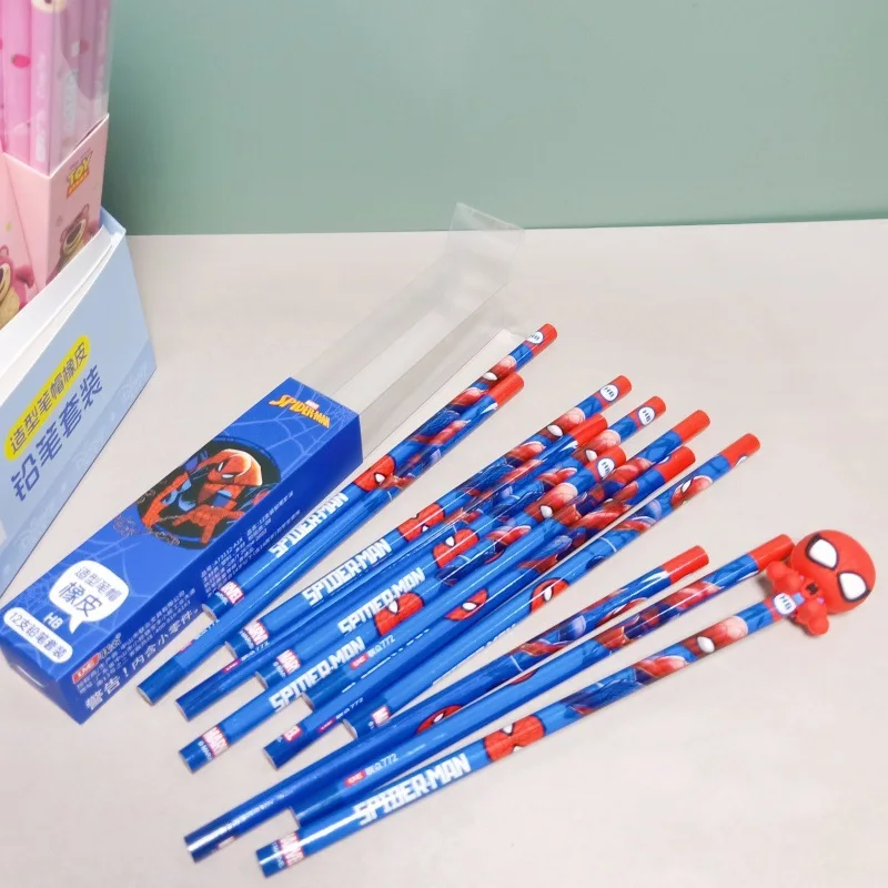 Miniso 144 Stück Stich Erdbeerbär Holz Bleistift Radiergummi Combo Anime Spider-Man Stiftkappe Radiergummi Bleistift Schreibwaren Geschenk vonSanri