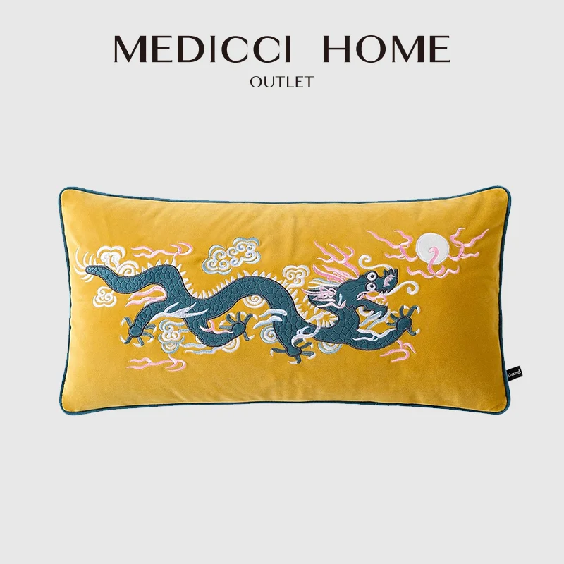 Medicci Home Cushion Cover Chinoiserie Chinese Feature Golden Chinese Dragon Embroidery Antique Throw Pillow Case Luxury Coussin