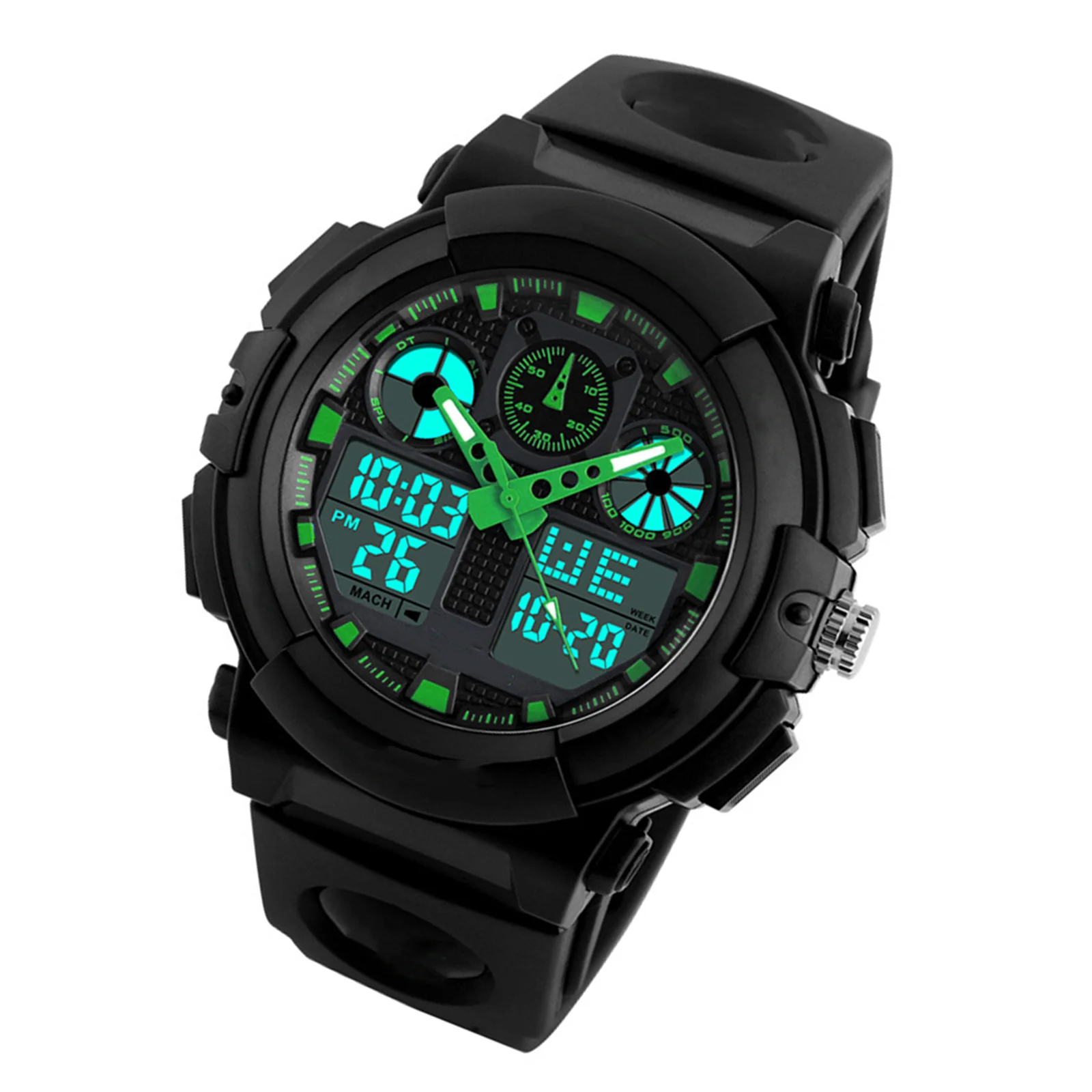 

Men's Waterproof Digital Watch 1270 Green LED Backlight Alarm Calendar Chronograph 50M Water Resistant Lightweight PU Strap