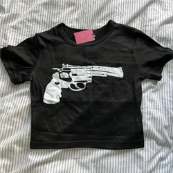 Vintage Grunge 90s Crop Tops Women Summer Crew Neck Short Sleeve baby tee Gun Printed Streetwear Y2K cotton Girl's T shirt