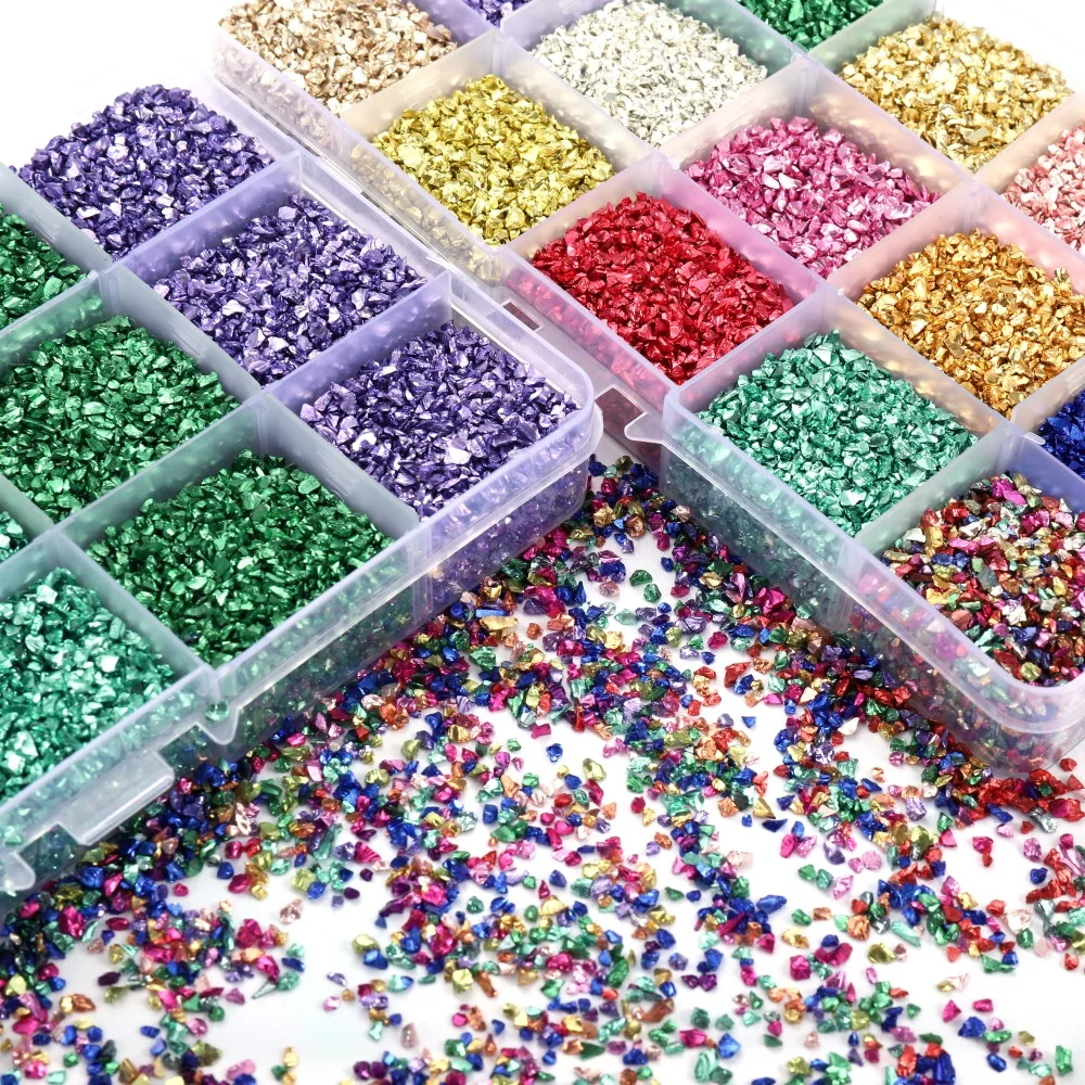 15 Grid/Box Glass Metal Crushed Stones Silicone Resin Fillings Kit For DIY Epoxy Resin Mold Nail Art Decoration Filler Set 300g