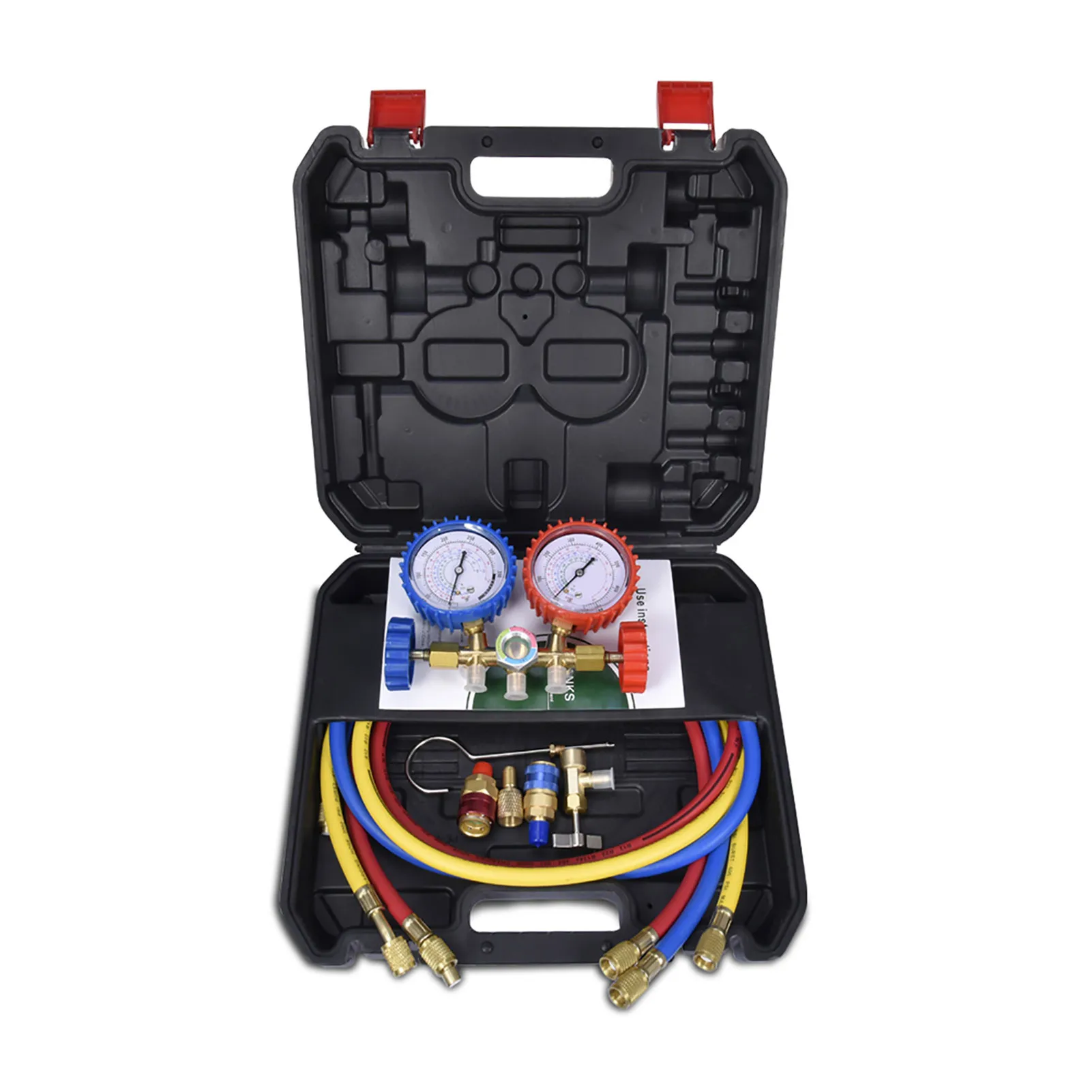 

The refrigerant AC level gauge kit is packaged in a cardboard box and features a large knob that is easy to grip