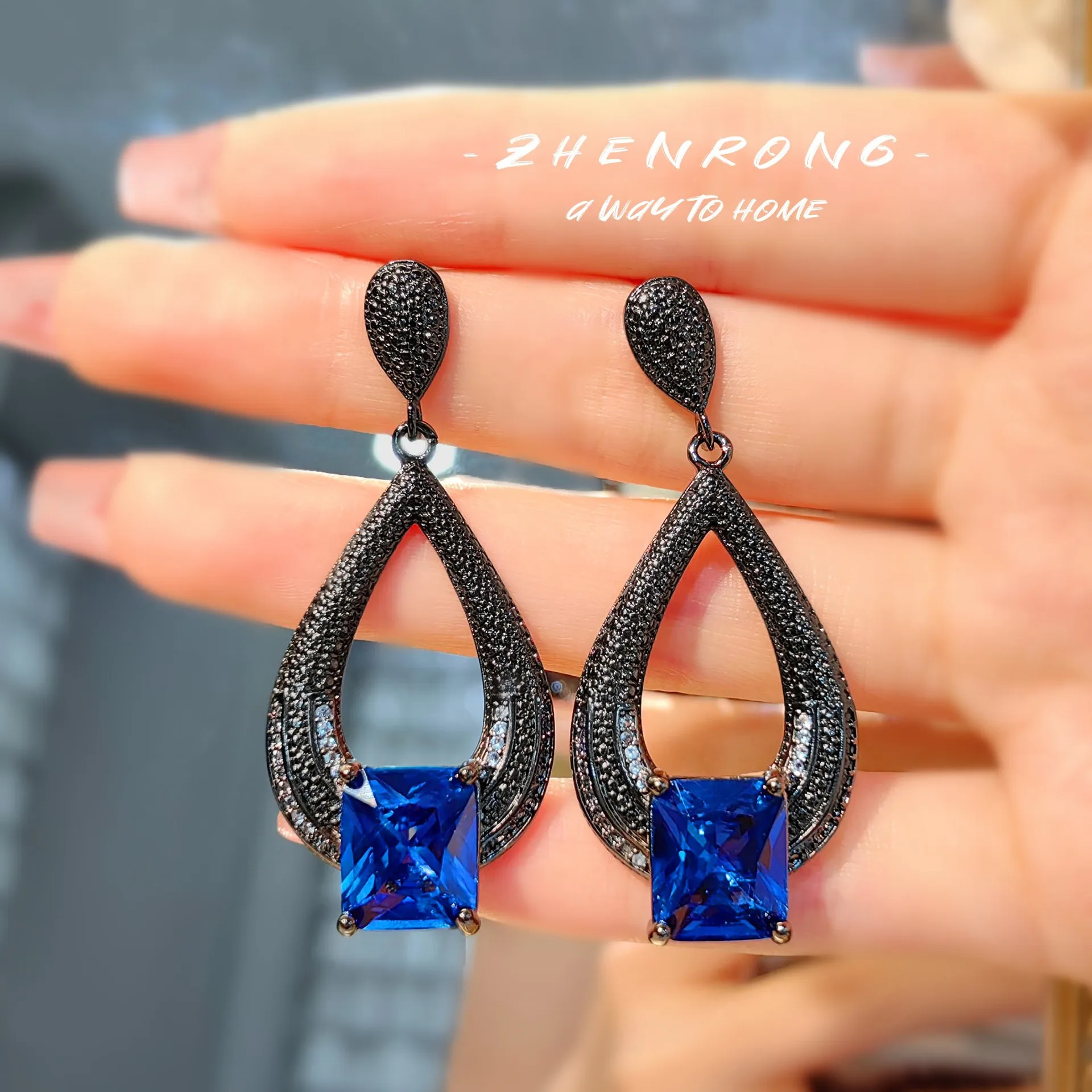 Light Luxury Square Blue Cobalt Spinel Sapphires Earrings For Women Black Gold Color Long Drop Earrings Daily Party Accessories