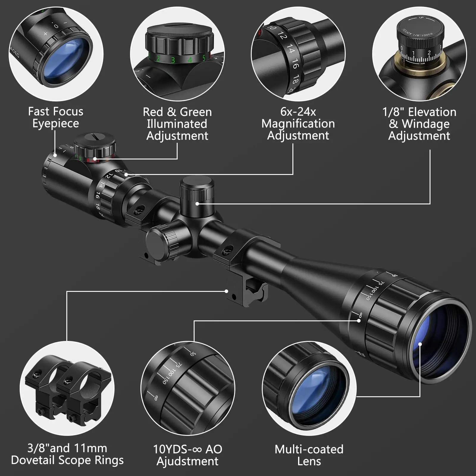 6-24x50 AO Zielfernrohr für die Jagd Rot Grün beleuchtetes Absehen Long Range 1 Zoll Rohr Zielfernrohr mit Zielfernrohrringen