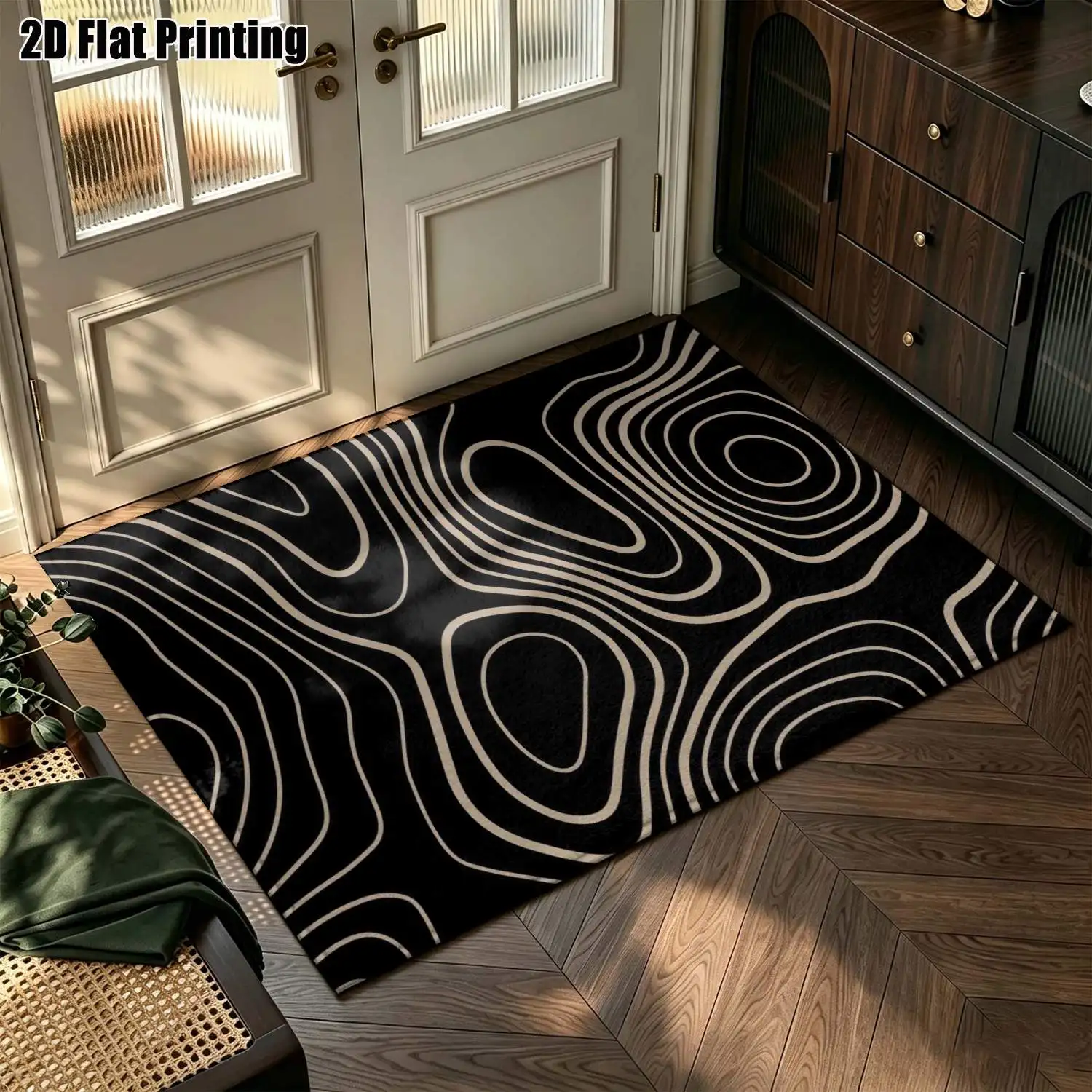 1Pc 2D Printed Carpet: Black Base, White Geometric Lines, Nordic Modern Minimalist Style, Instagram-Inspired, Abstract Art Motifs Home Decor Floor Mats, Multi-Size, Machine Washable, for Entryway, Living Room, Bedroom, Dining Room, Foyer.