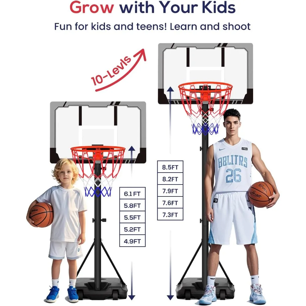 Cesta de basquete portátil externa ajustável para crianças de 4 a 10 pés, objetivos de tabela inquebráveis de 33-44 polegadas